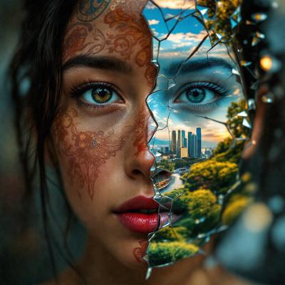 The primary subject of the image is a woman with a unique and artistic appearance. She has a tattoo on her face and is wearing a necklace. The setting is a cityscape, with a skyline visible in the background. The visual style of the image is a combination of photo and digital art, creating a striking and eye-catching portrait. The colors and mood of the image are vibrant and lively, with the woman's tattoo and the cityscape creating a sense of individual